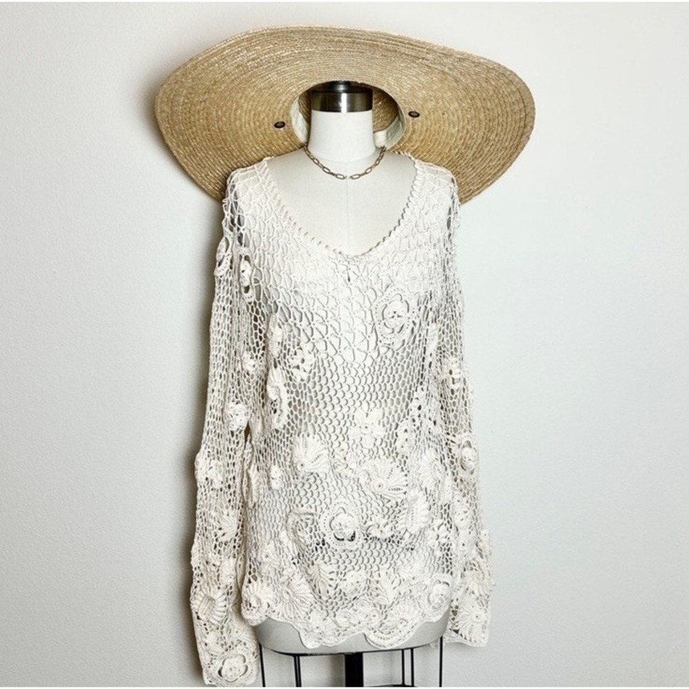 NWT Ralph Lauren Purple Label Ivory Crochet‎ Cotton Floral Long Sleeve Blouse XL